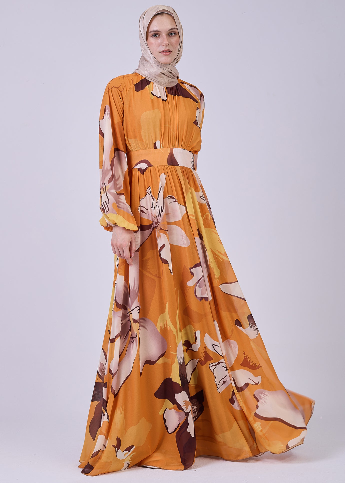 Flowing skirt of chiffon floral modest dress