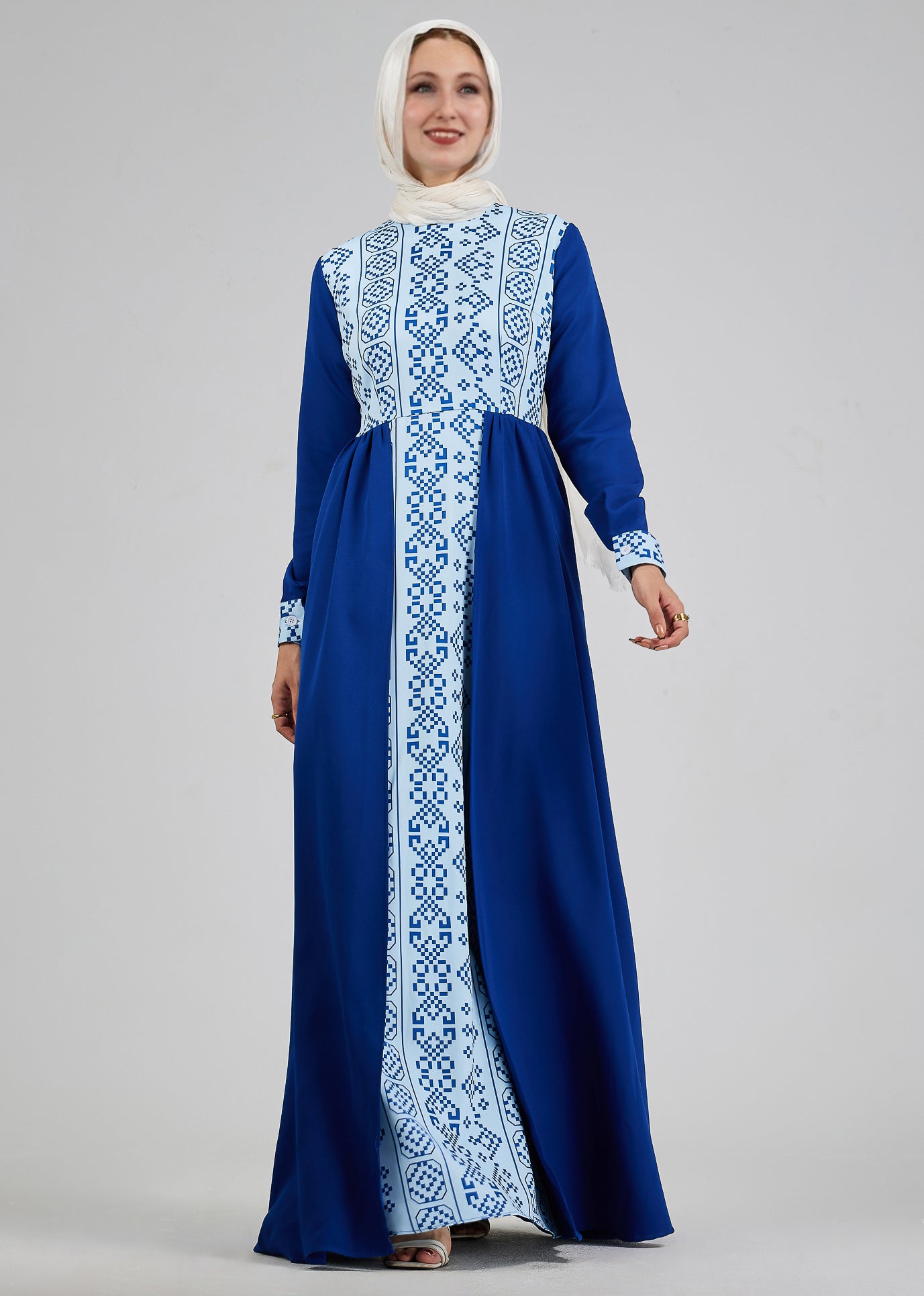 Empire waist of Azure Mosaic Embroidered Crepe Maxi Dress