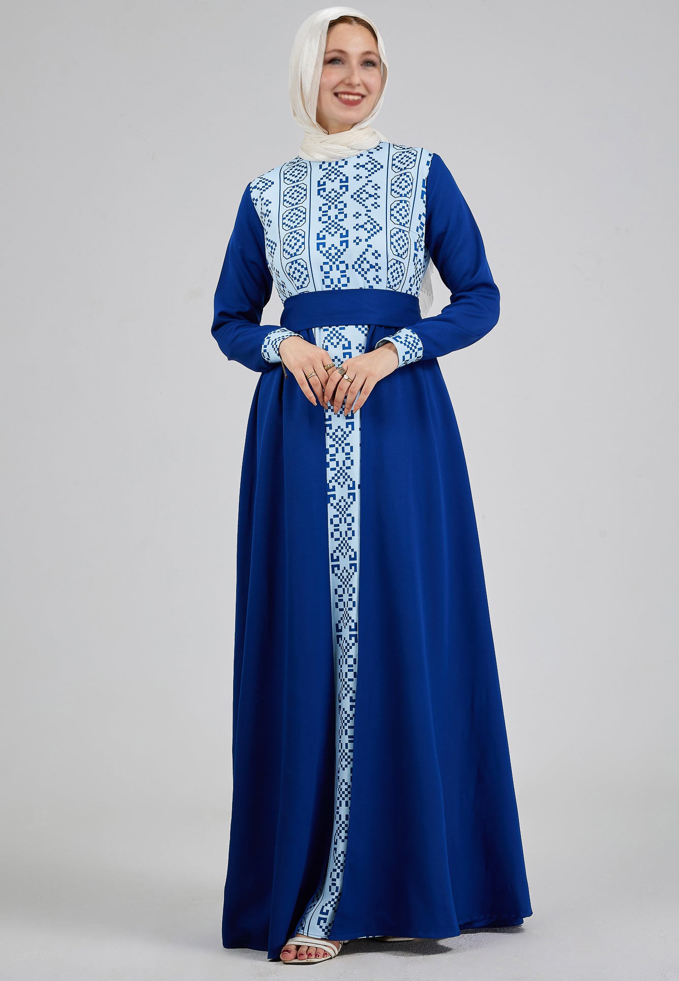 Front view of Azure Mosaic Embroidered Crepe Maxi Dress