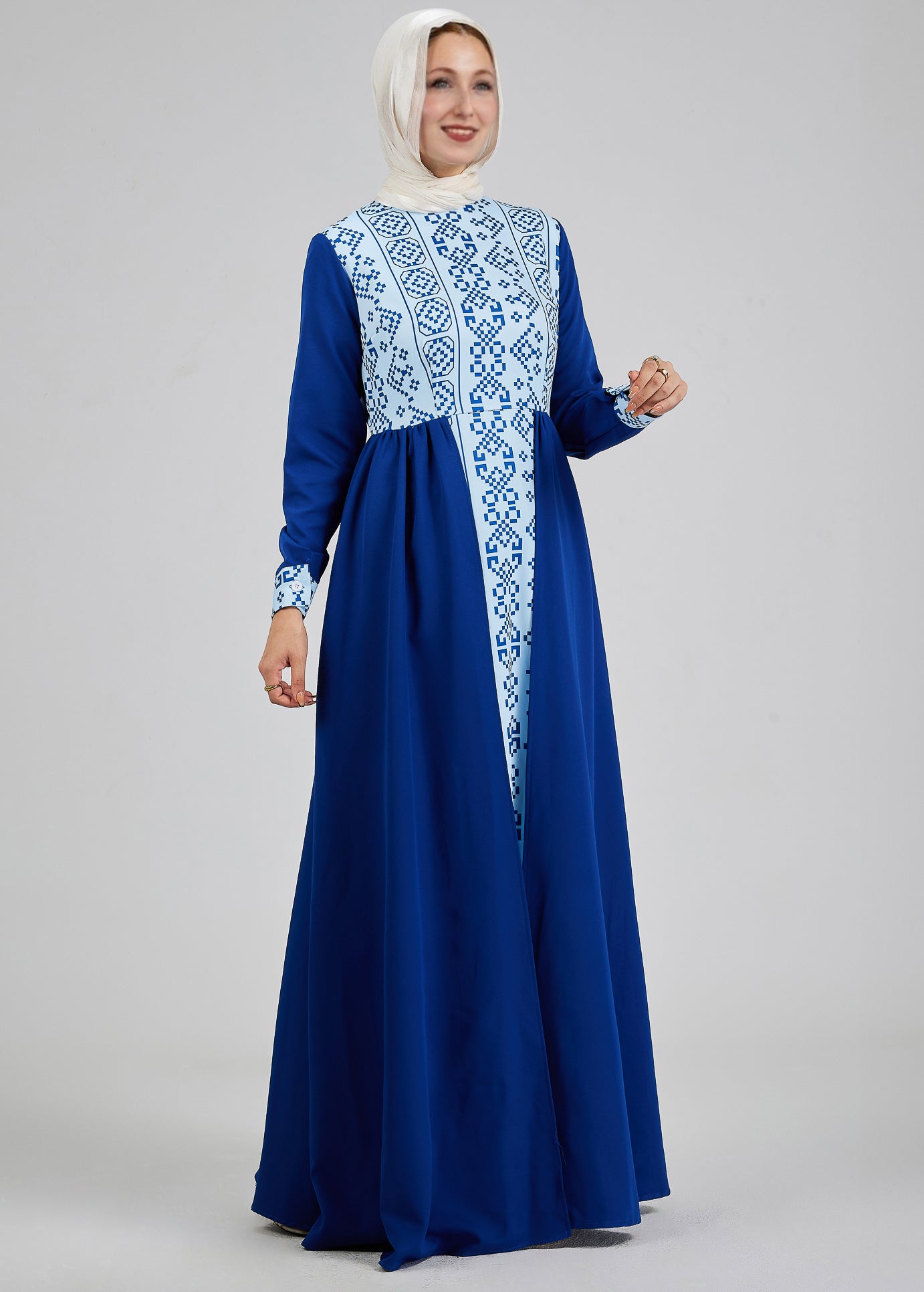 Model wearing Azure Mosaic Embroidered Crepe Maxi Dress