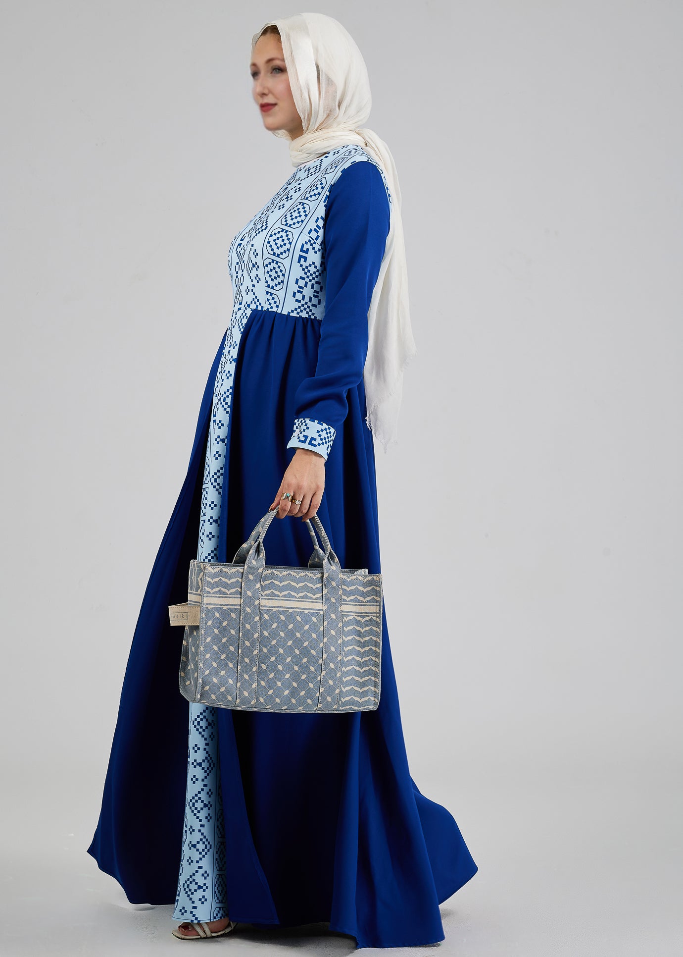 Modest fashion featuring Azure Mosaic Embroidered Crepe Maxi Dress