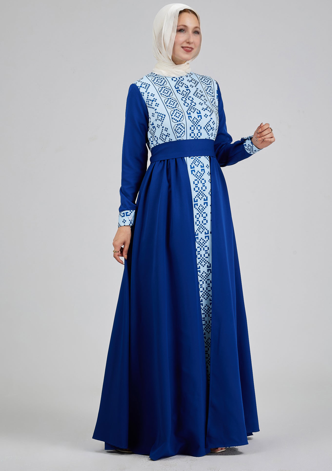 Side view of Azure Mosaic Embroidered Crepe Maxi Dress