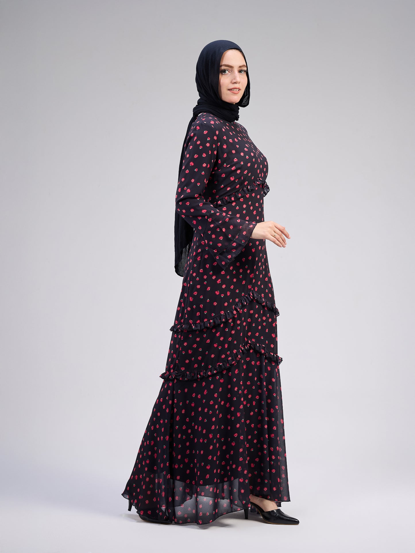 Modest black floral chiffon dress with full-length and long sleeves