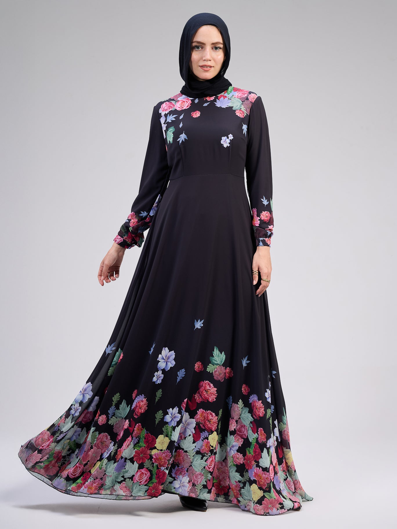 Front view of black chiffon floral maxi dress