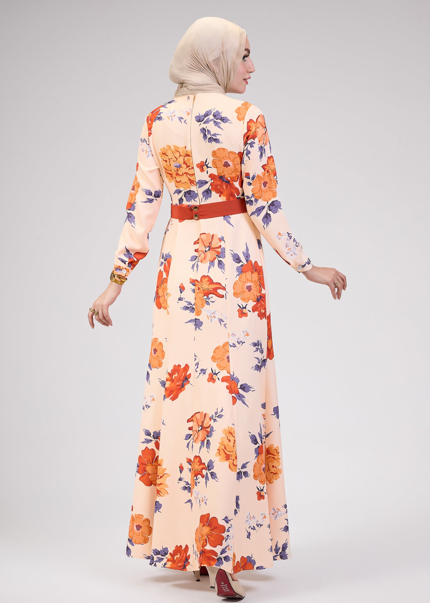 Back view of Blossom Crepe High-Neck Floral Modesty Maxi Dress
