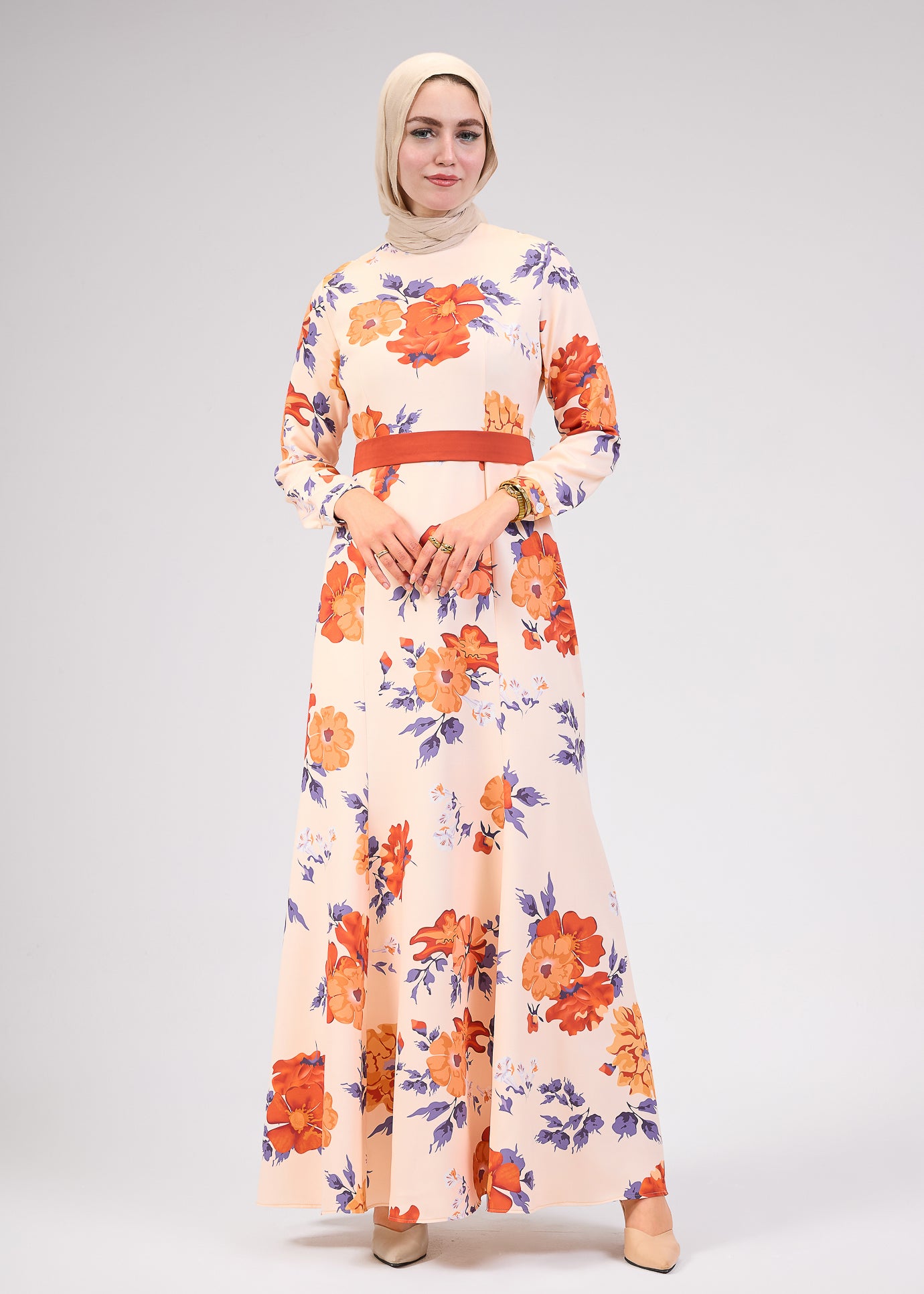 Front view of Blossom Crepe High-Neck Floral Modesty Maxi Dress
