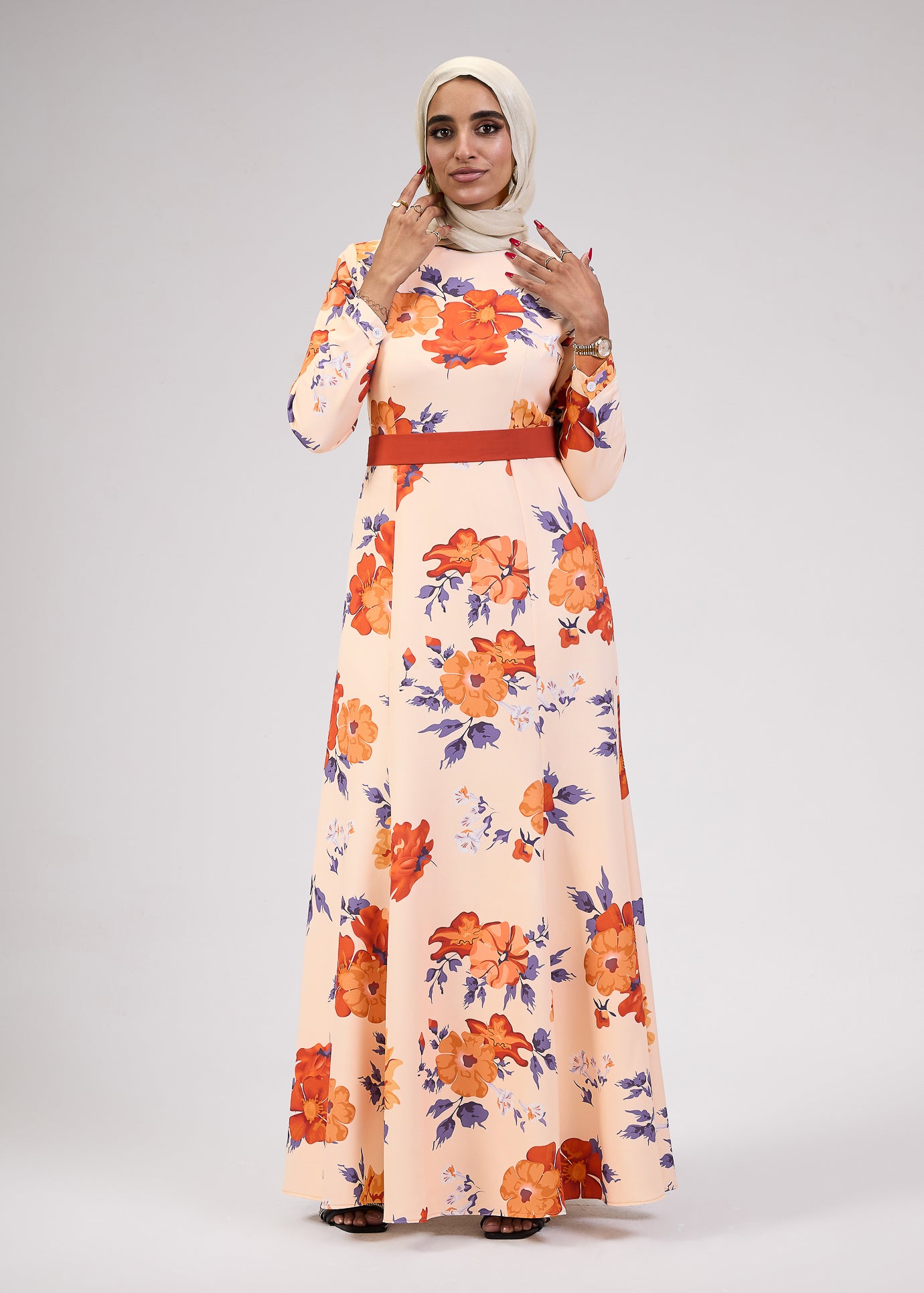 Model wearing Blossom Crepe Floral Modesty Maxi Dress side view
