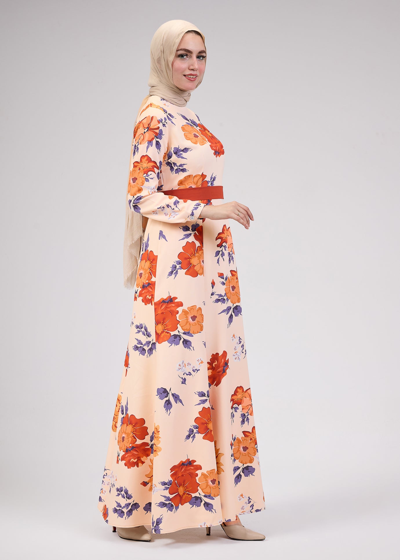 Side view of Blossom Crepe High-Neck Floral Modesty Maxi Dress
