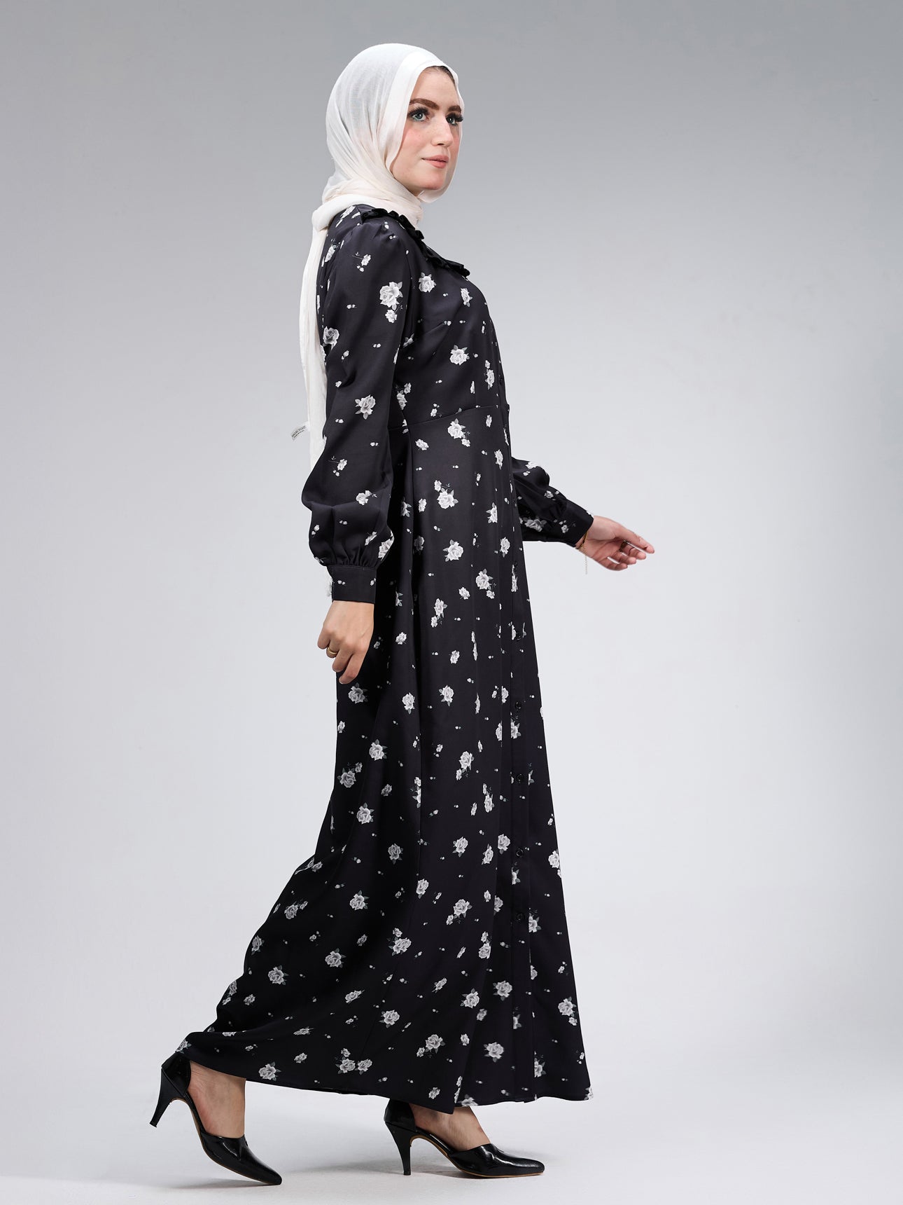 Front view of Blossom Crepe Maxi Dress in black floral