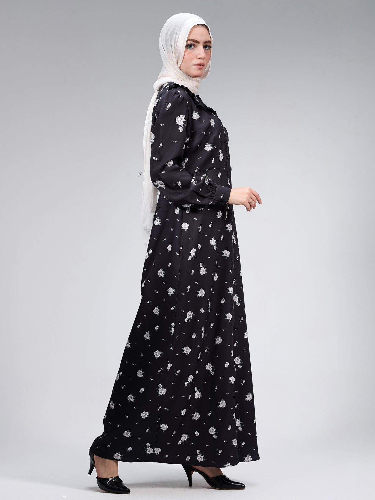 Side view of Blossom Crepe Maxi Dress in black floral