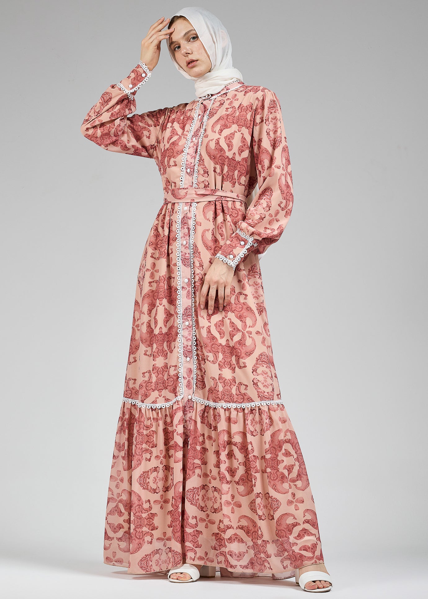 Front view of floral lace-trimmed chiffon maxi dress in blush