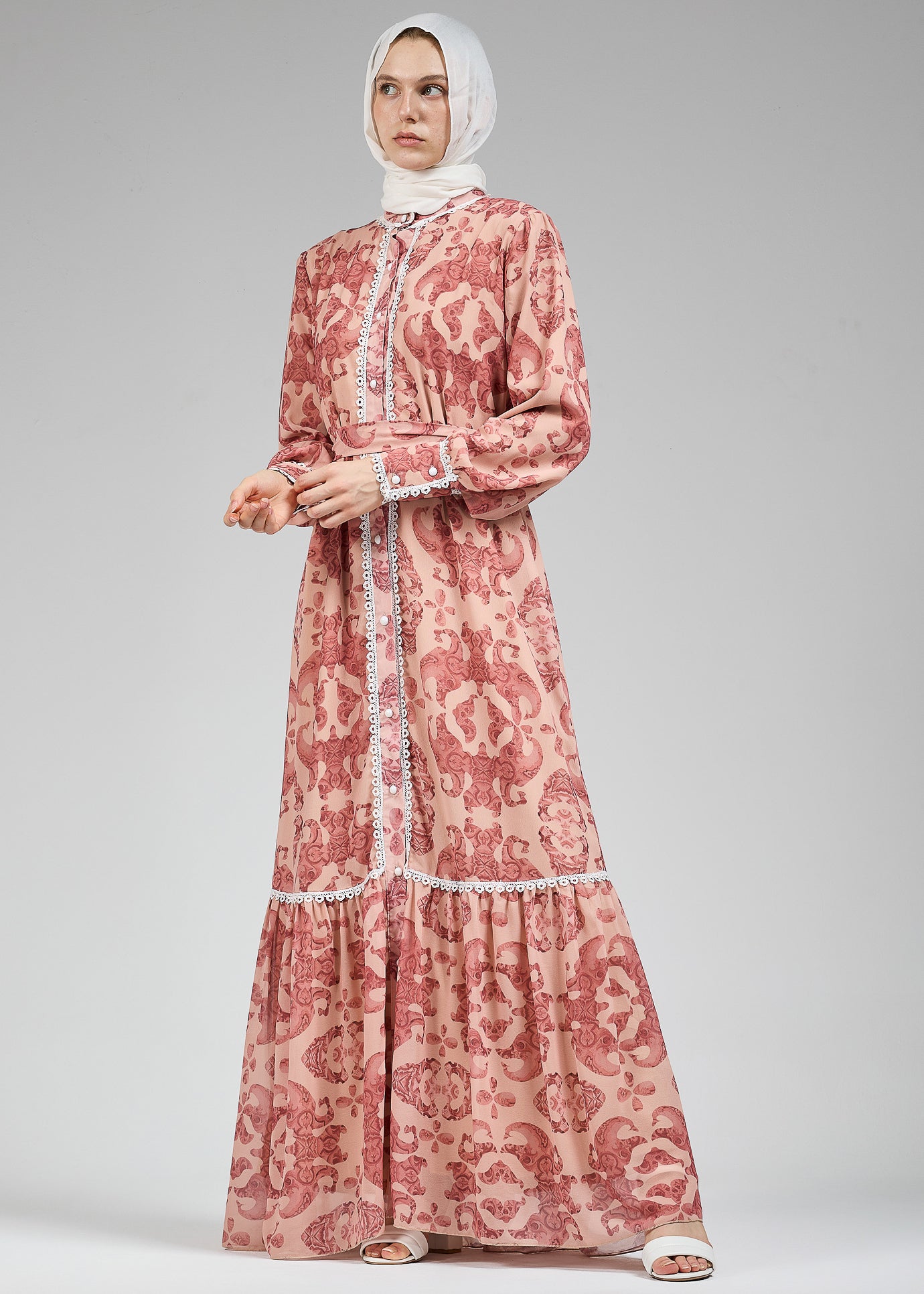 Back detail of modest floral lace-trimmed chiffon maxi dress