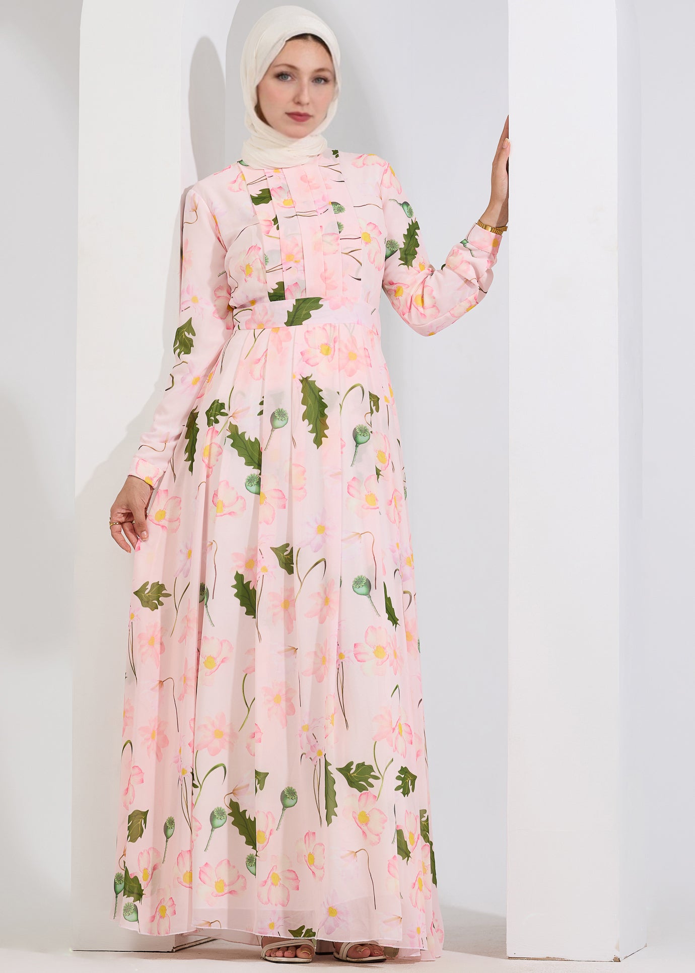 Full front view of blush floral chiffon maxi dress