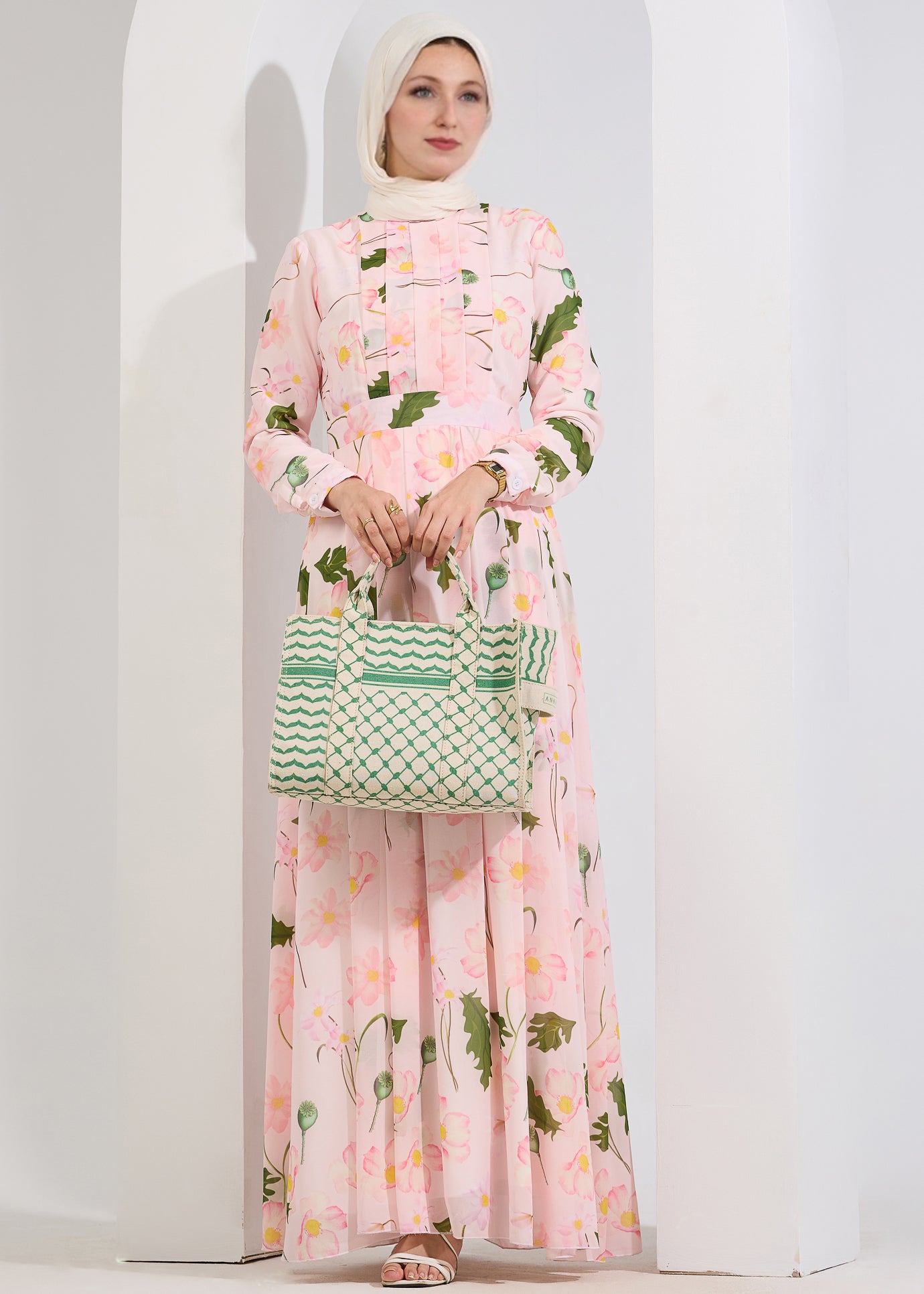 Full front view of blush floral chiffon maxi dress