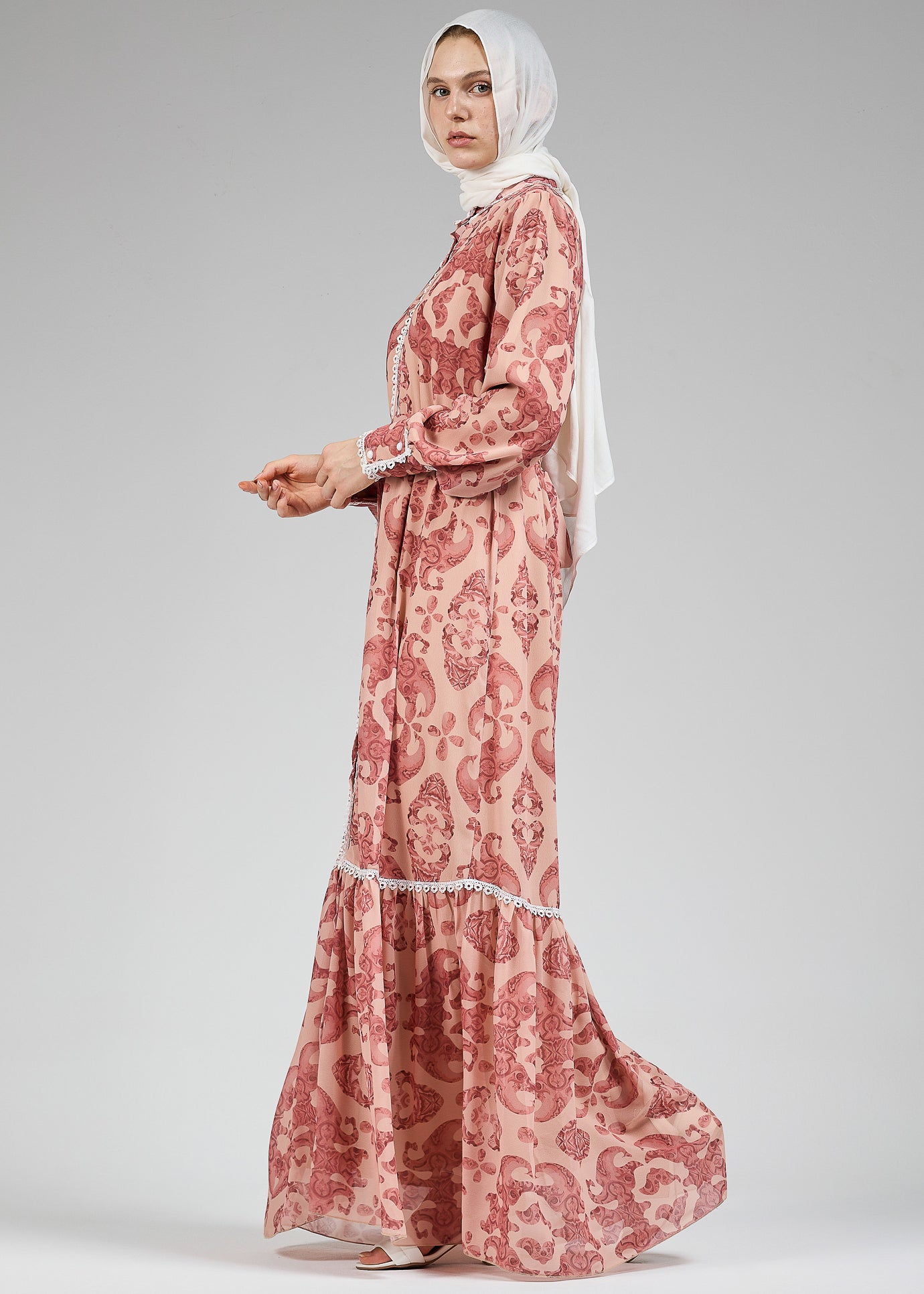 Back view of modest floral lace-trimmed chiffon dress