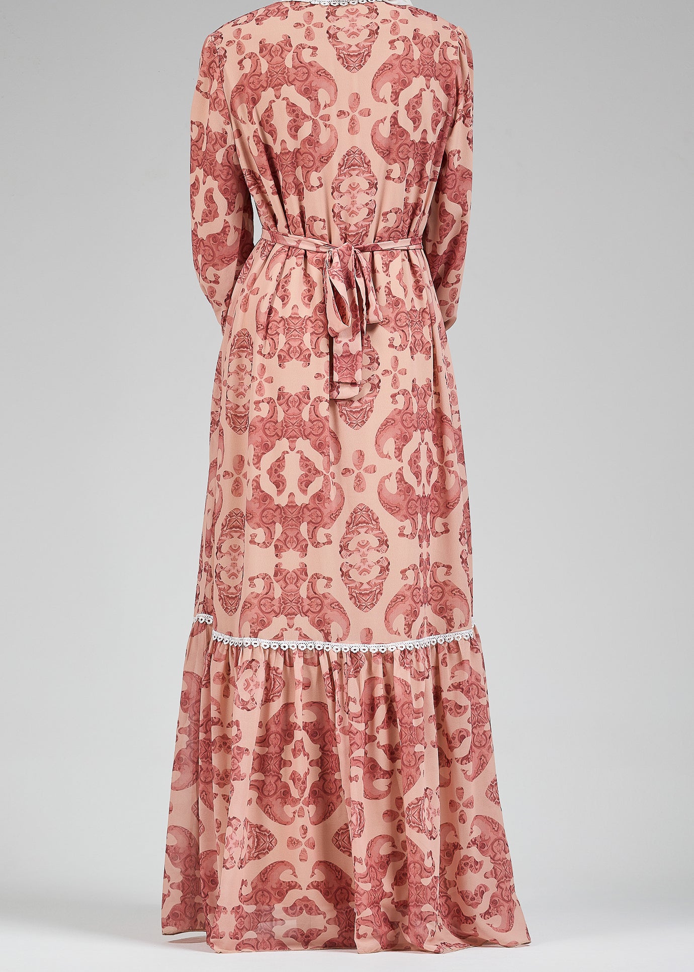 Back view of modest floral lace-trimmed chiffon dress