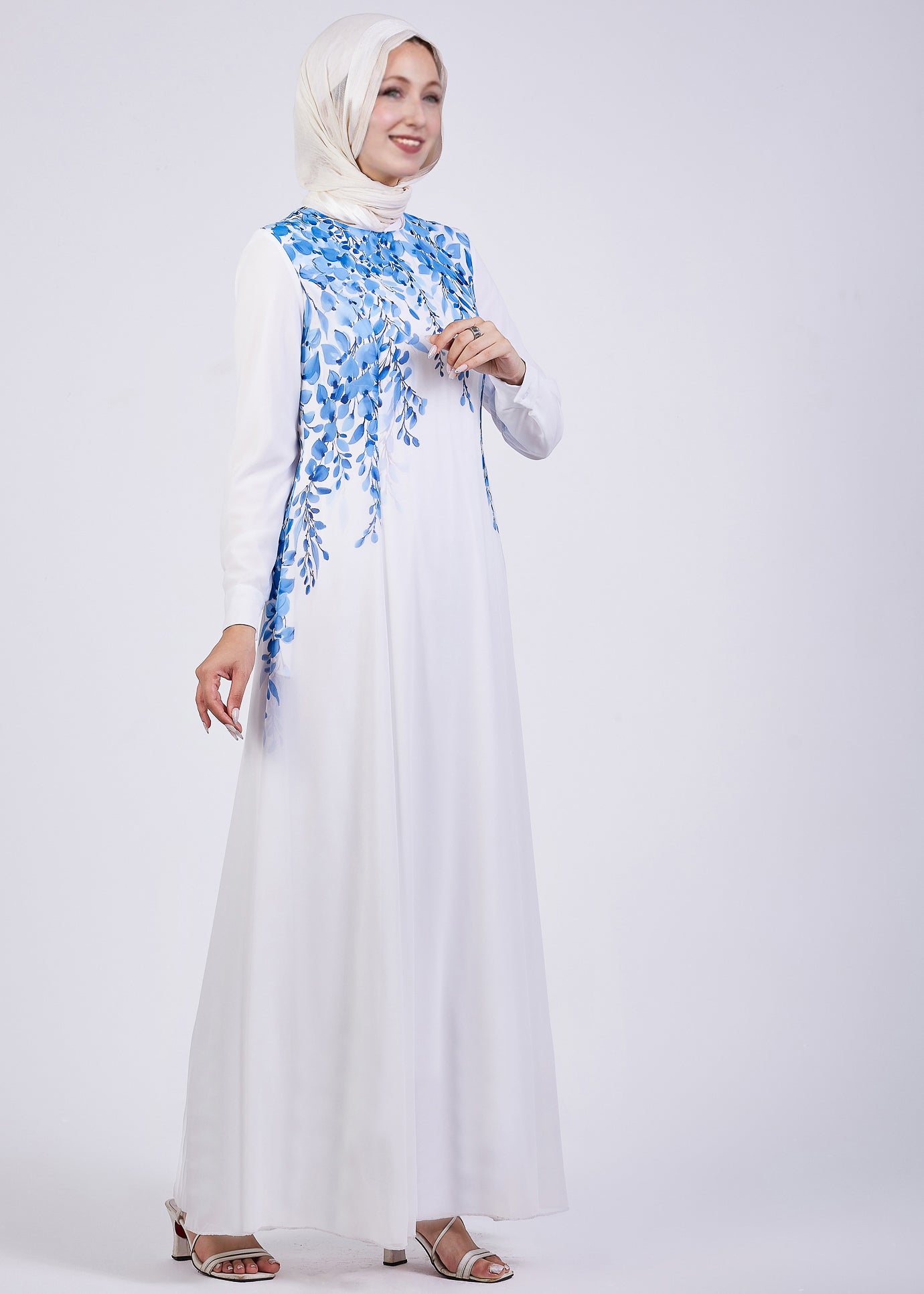 Back view showing the floral print of Cascading Blue Blossom Chiffon Maxi Dress