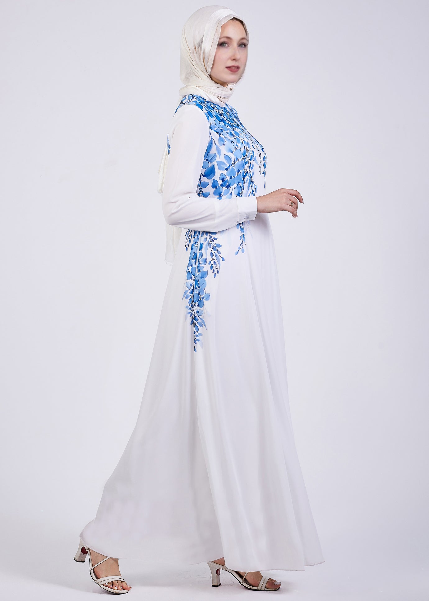 Detailed view of the Cascading Blue Blossom Chiffon Maxi Dress