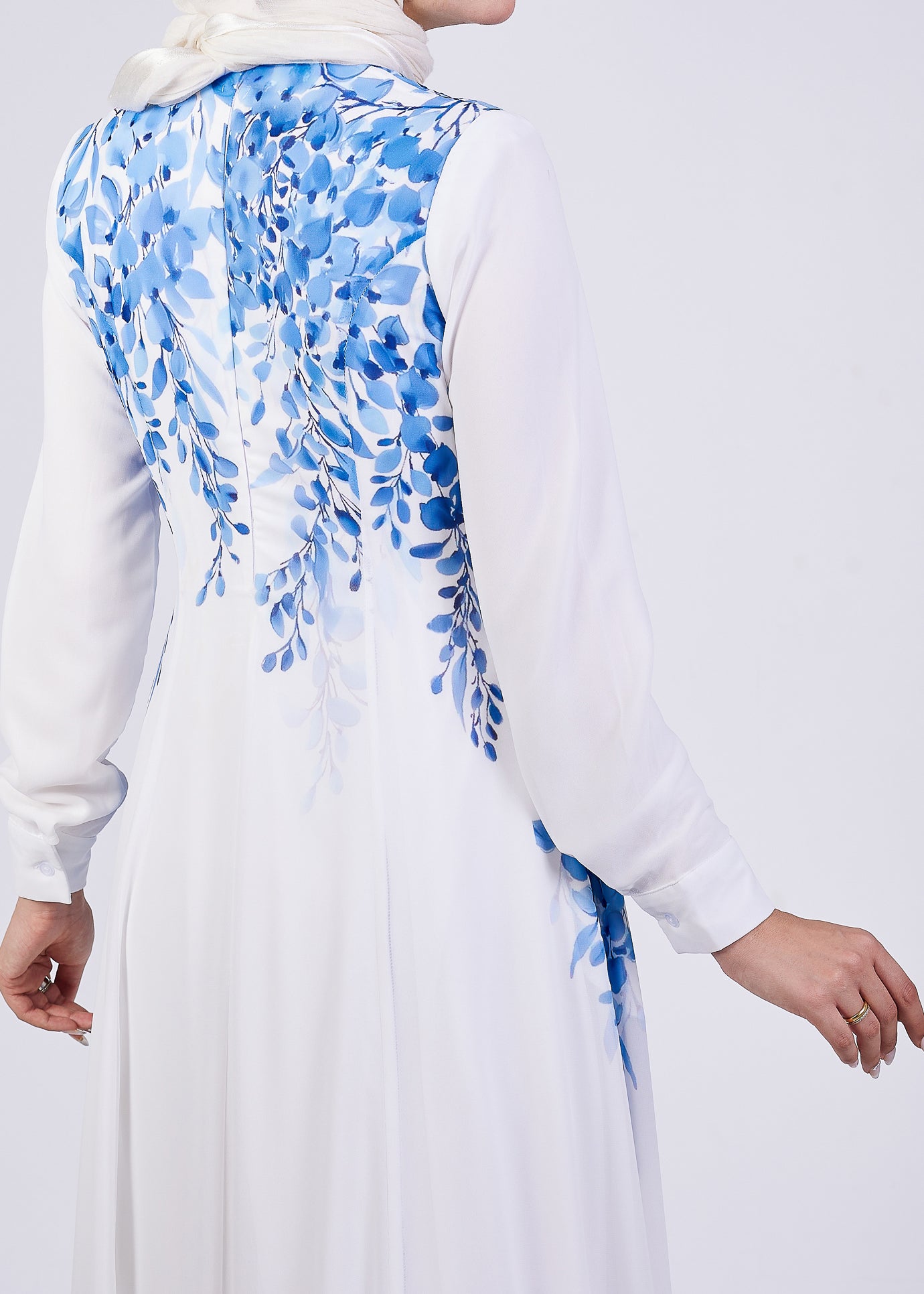 Cascading Blue Blossom Chiffon Maxi Dress flowing with movement