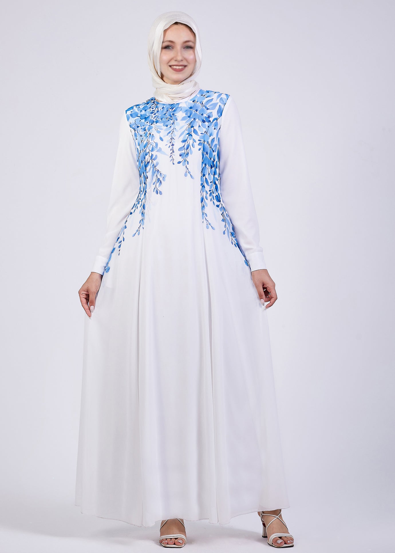 Front view of Cascading Blue Blossom Chiffon Maxi Dress