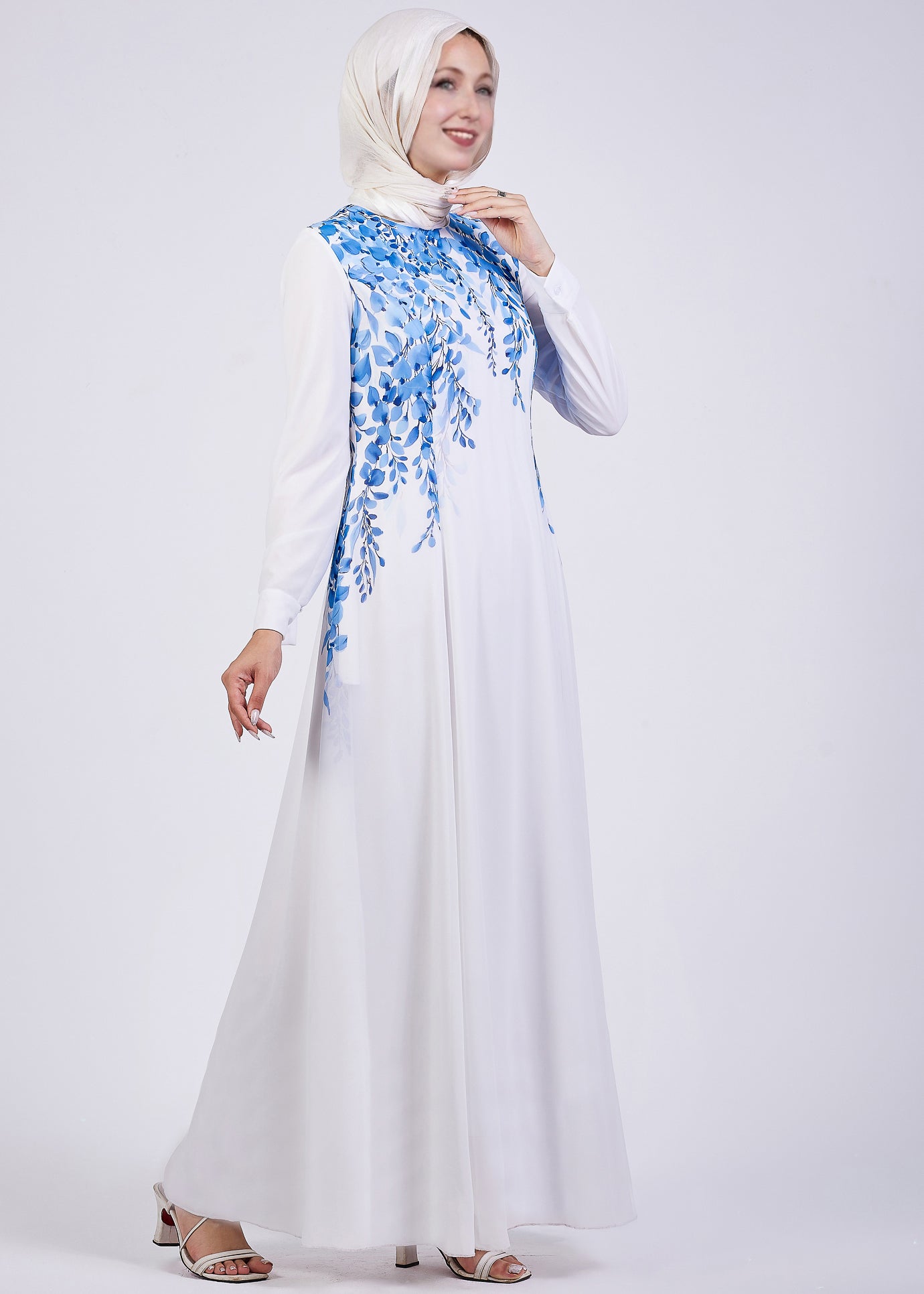 Side view of Cascading Blue Blossom Chiffon Maxi Dress