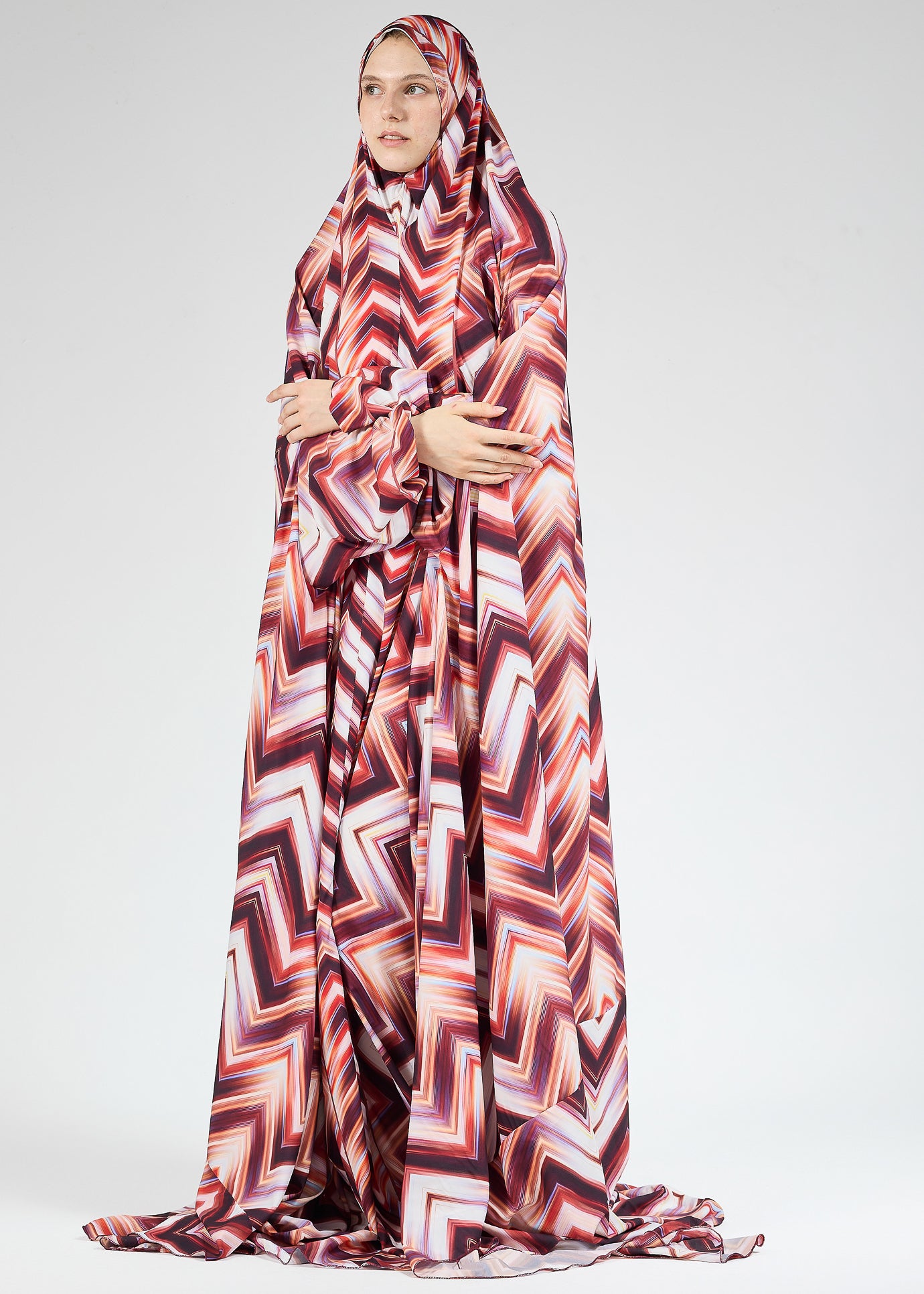 Side view of Chevron Satin Prayer Gown in vibrant chevron print