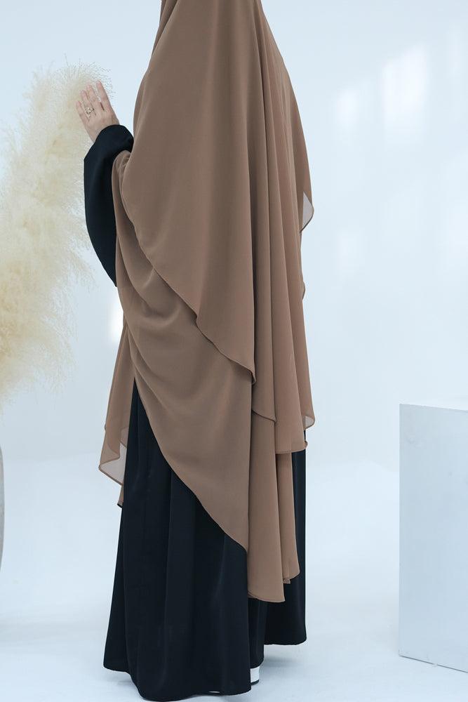 Full-length view of the khaki chiffon khimar