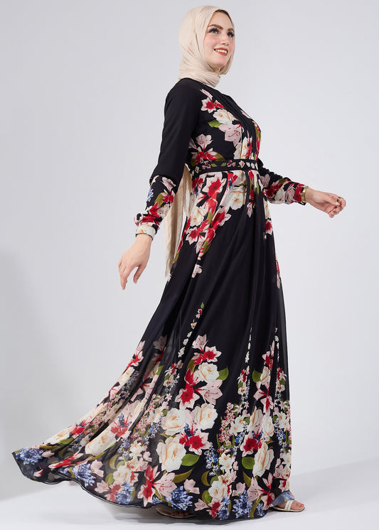 Front view of chiffon maxi dress with bold floral print