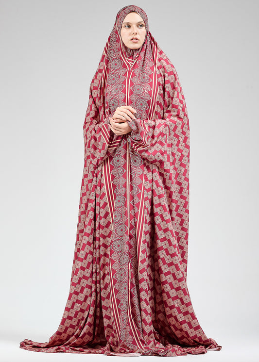 Front view of satin prayer gown with geometric floral print for hijab wear
