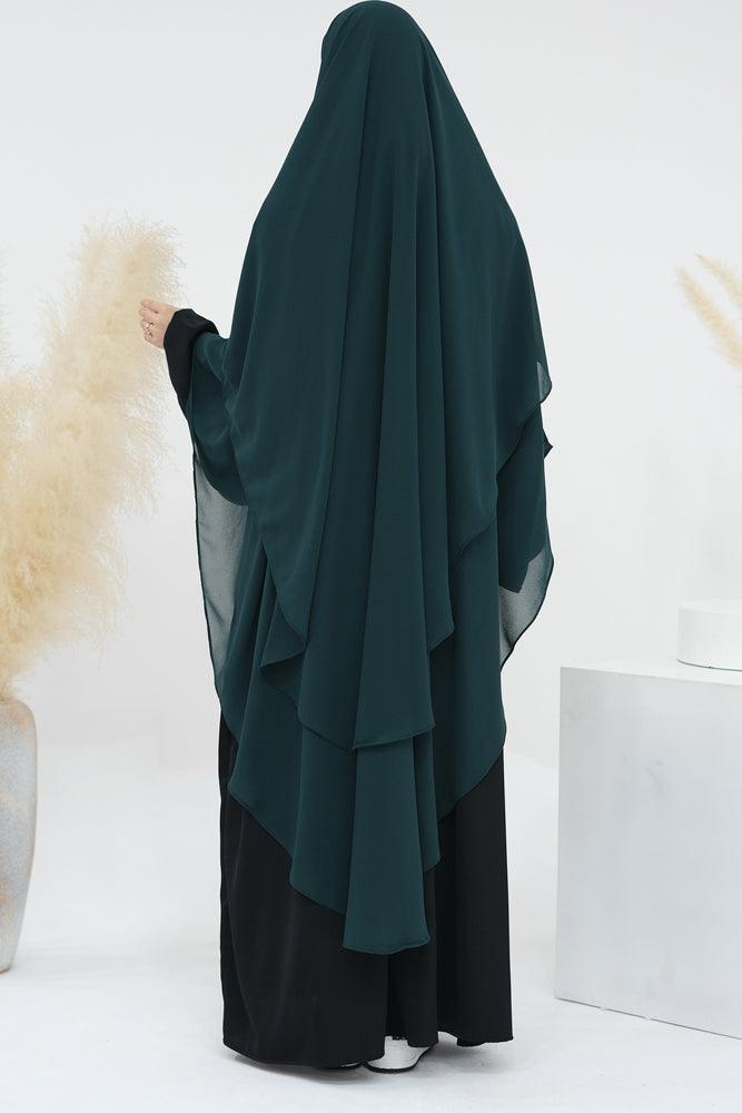 Front view of the extra-long dark green chiffon veil