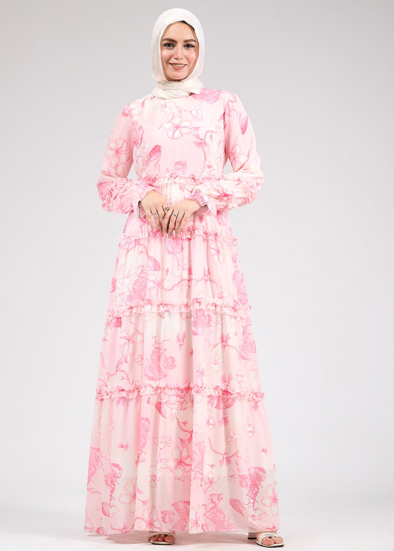 Back view of the delicate floral chiffon maxi dress showing full length