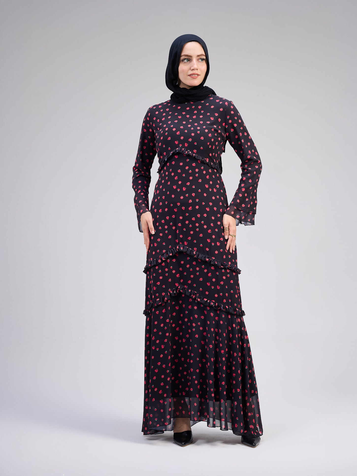 Full-length black floral chiffon dress for modest occasions