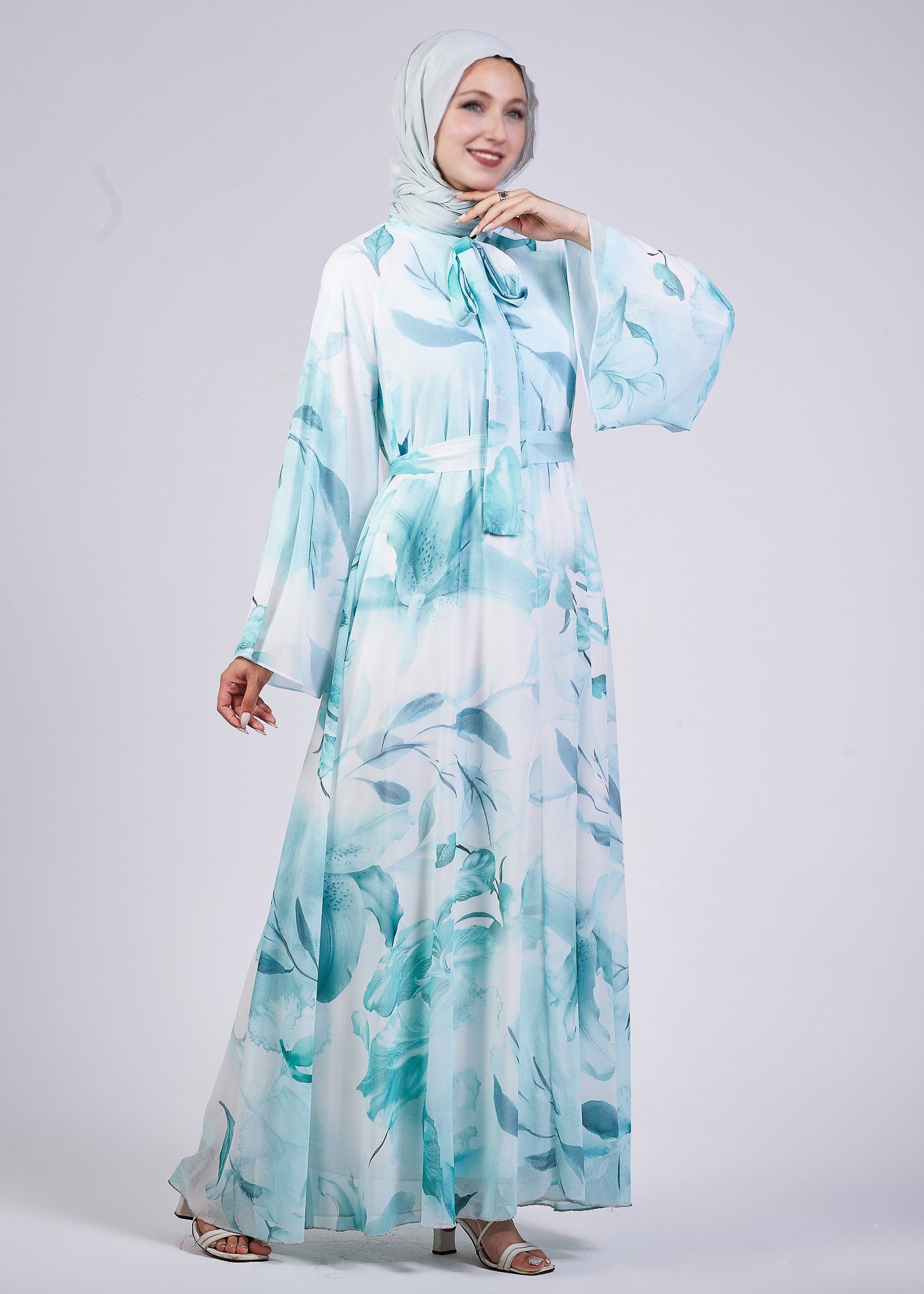 Full front view of the Elegance Floral Maxi Dress with floral patterns