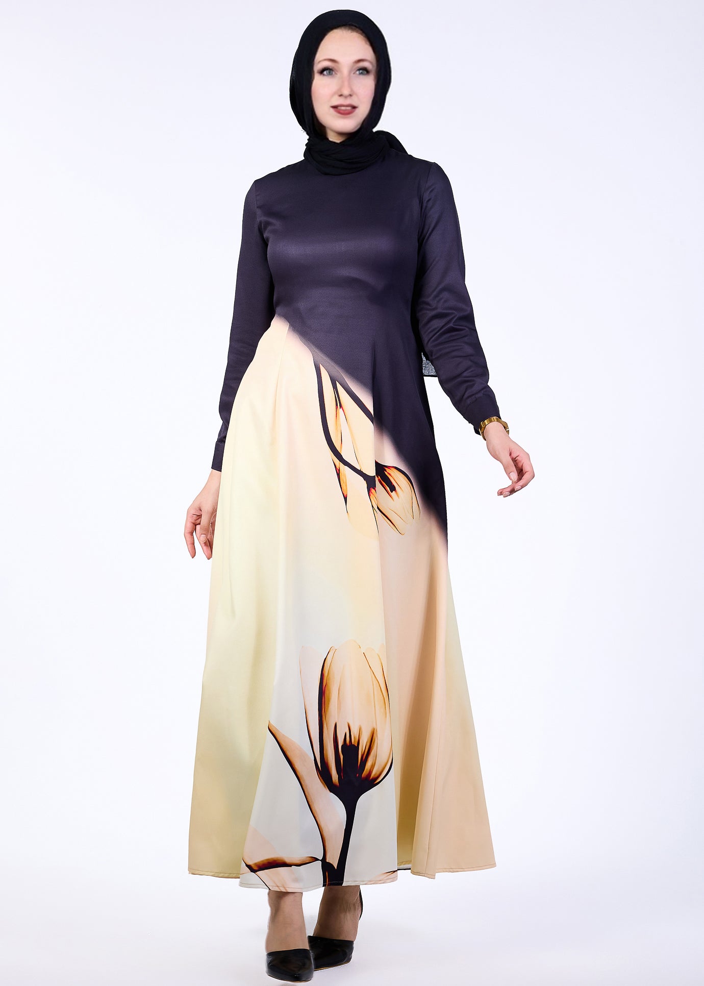 Floral pattern on Elegance Satin Maxi Dress skirt