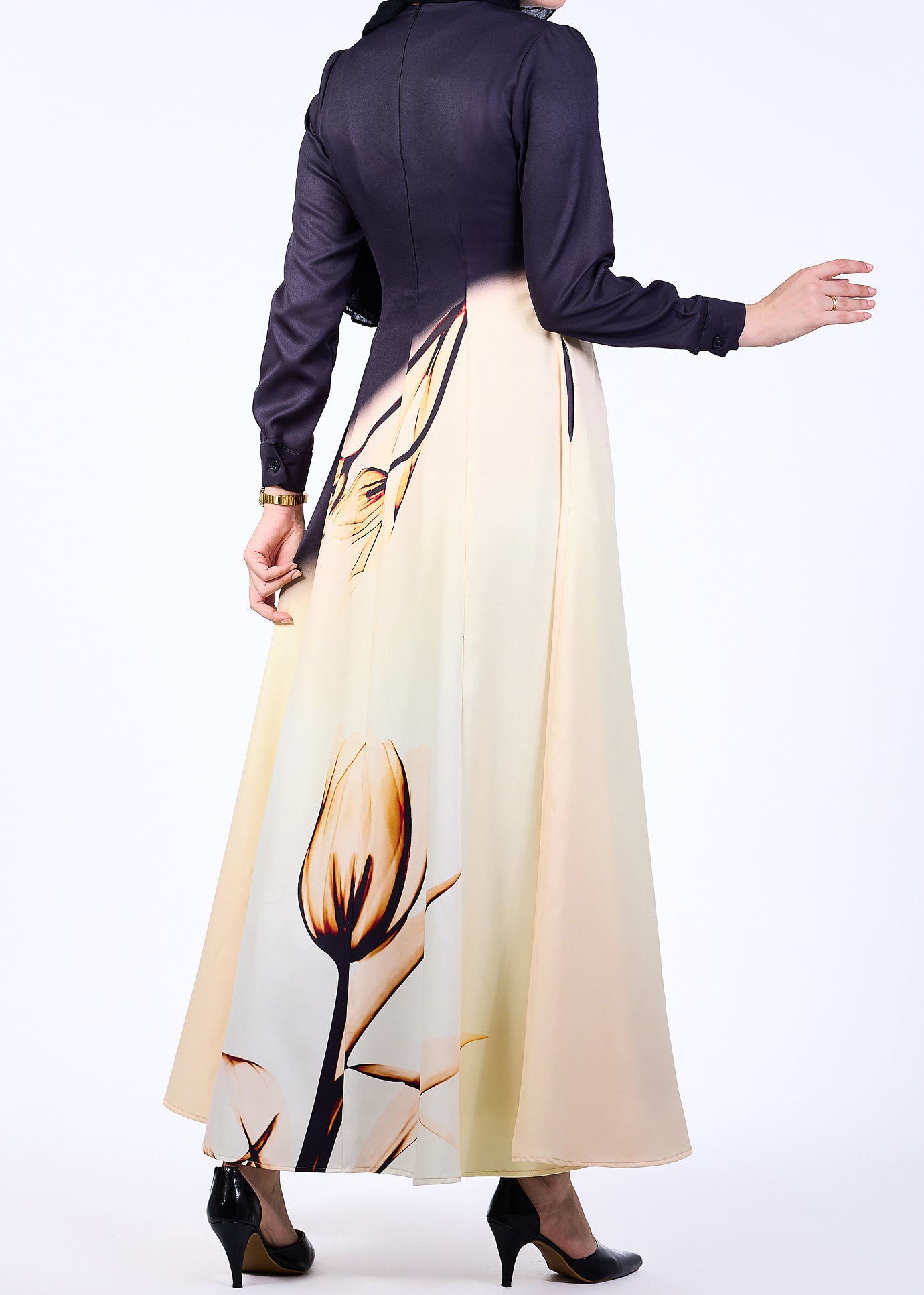 Full view of flowing Elegance Satin Maxi Dress with floral design