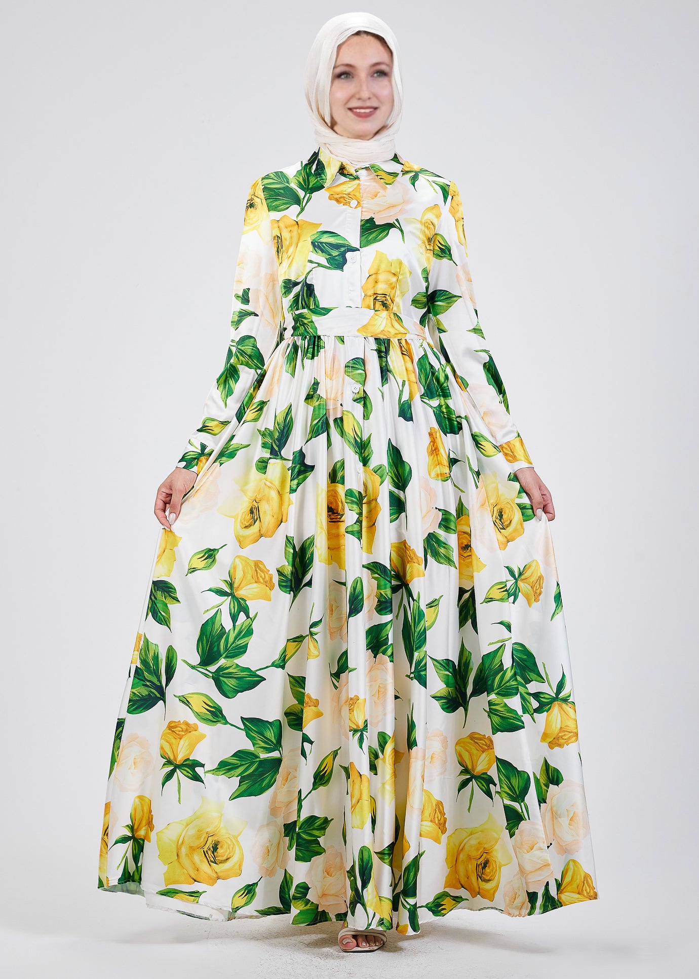 Front view of the Elegance Satin Maxi Dress with yellow rose floral print