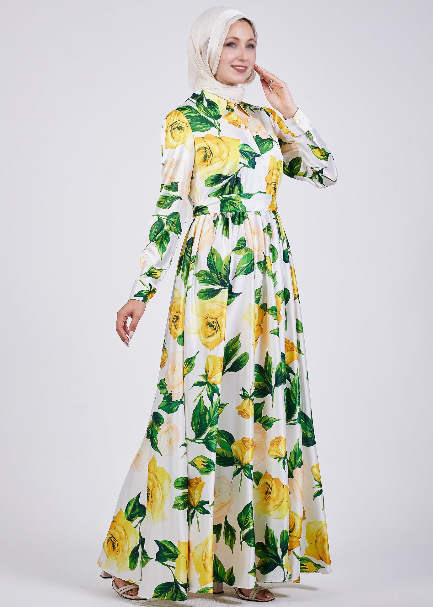 Side view of the satin maxi dress with yellow floral pattern
