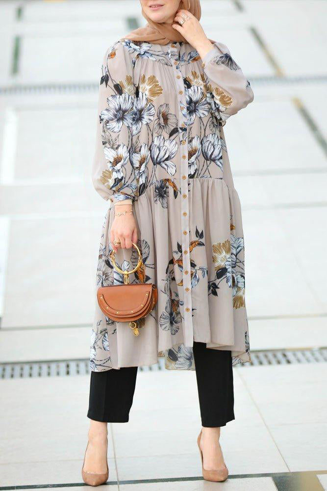 Front view of the Elegant Elif Floral Button-Down Tunic by Annah Hariri