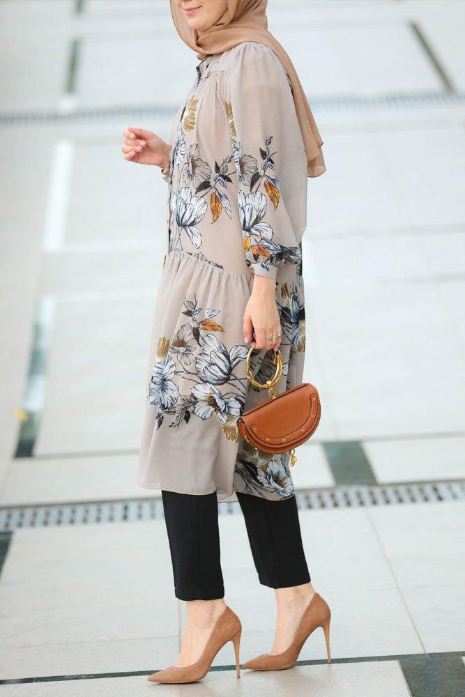 Elegant Elif Floral Tunic styled with black pants for a chic look