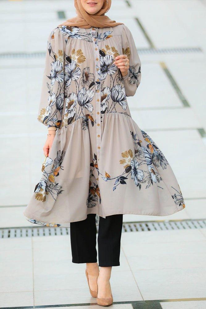 Elegant Elif Floral Tunic paired with a tan hijab for a complete outfit