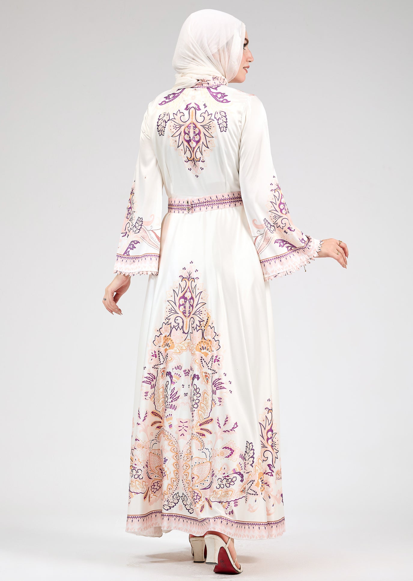 Elegant modest satin dress with floral prints and maxi length