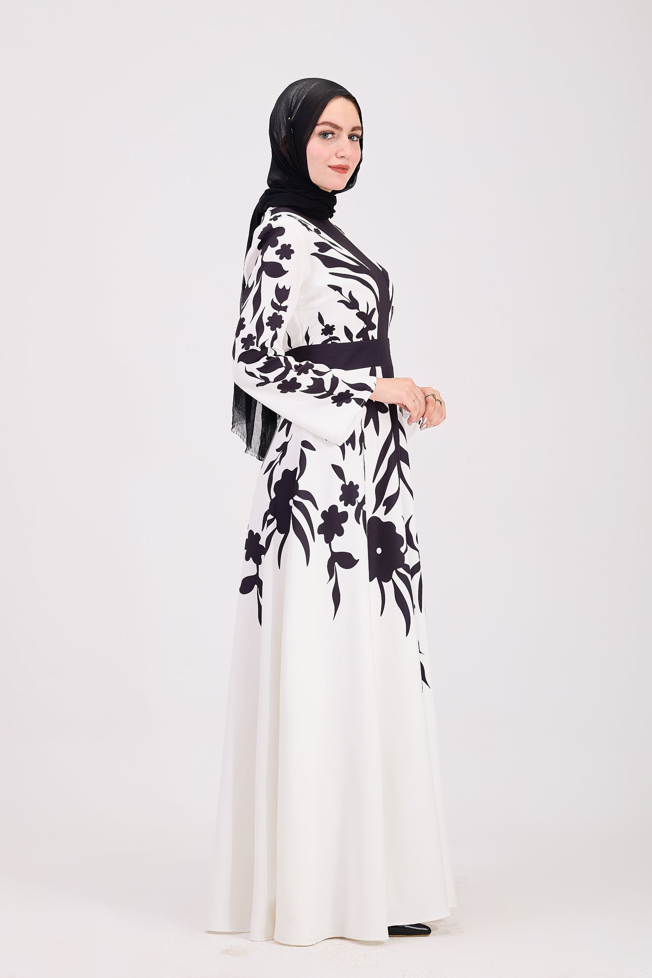 Side view of black and white modesty dress
