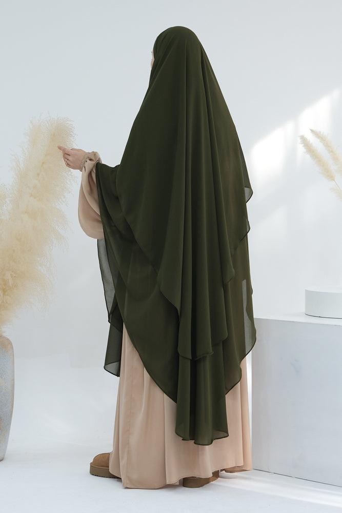 Front view of elegant olive green chiffon scarf