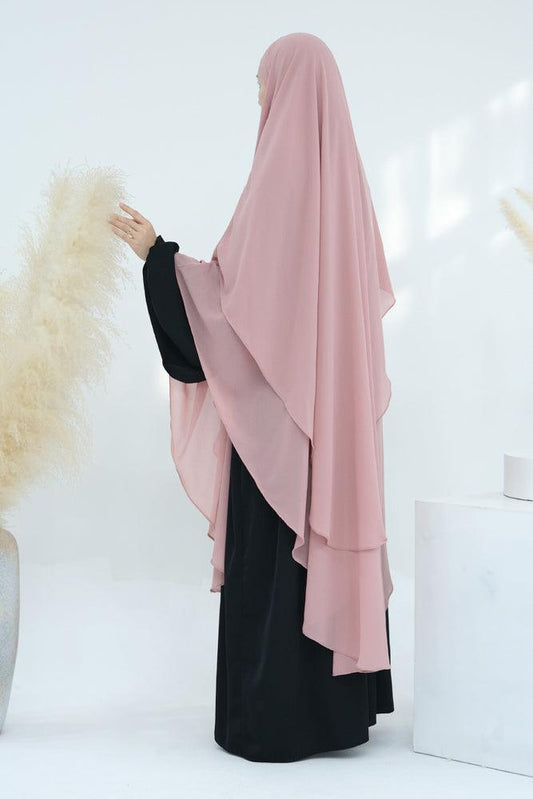 Front view of elegant pink chiffon khimar hijab