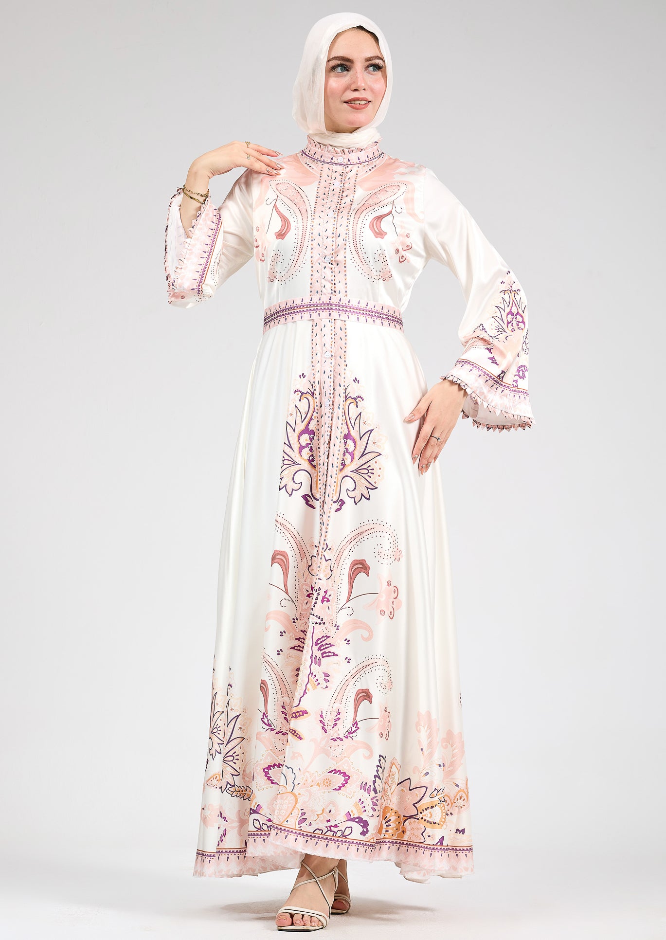 Elegant satin dress featuring pastel florals and modest design