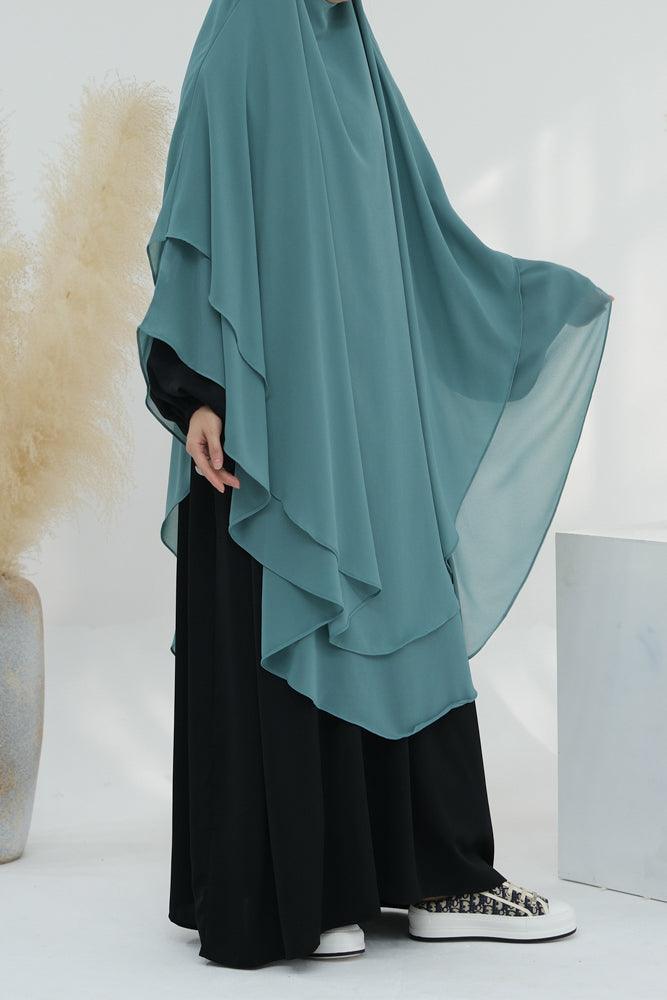 Back view of elegant two-layer chiffon khimar scarf