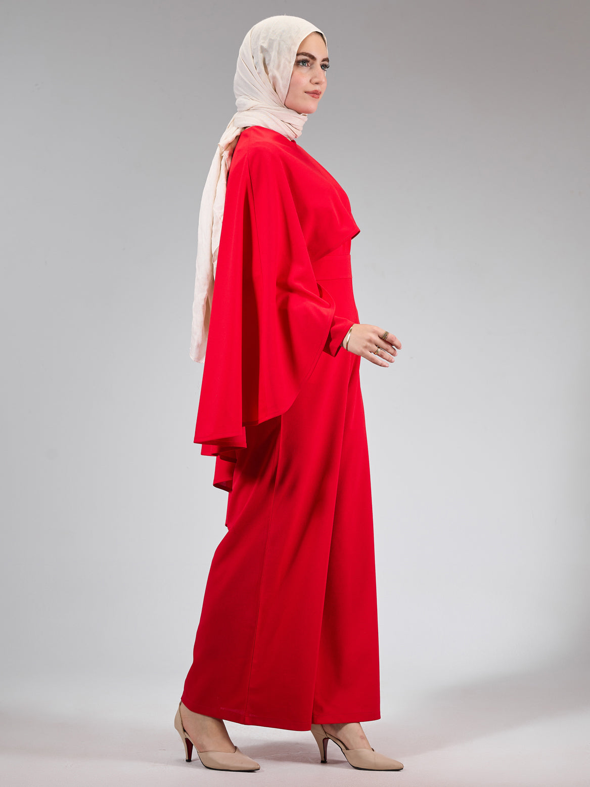 Back view of the elegant red modesty dress