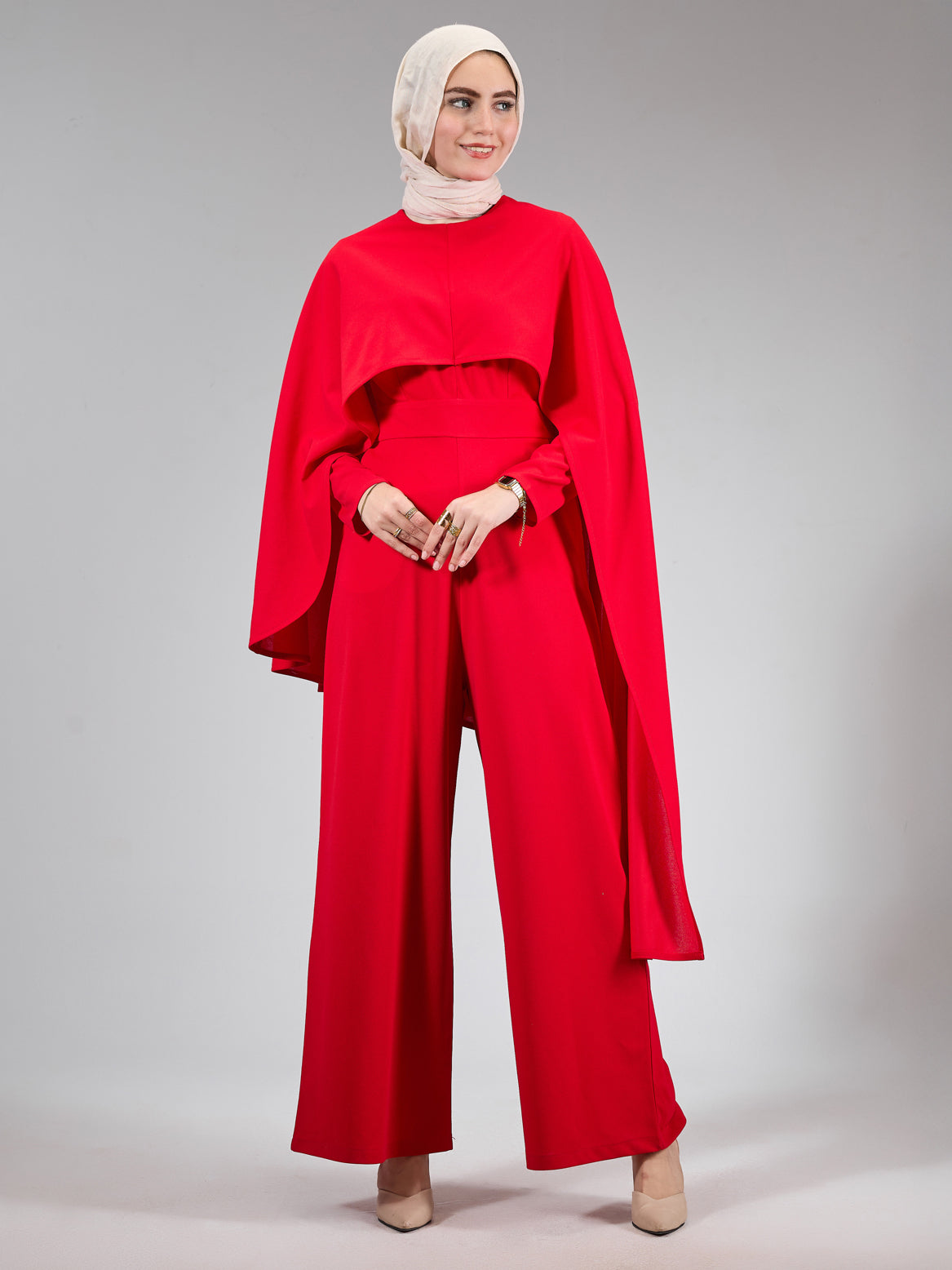 Full-length view of the radiant red modesty dress