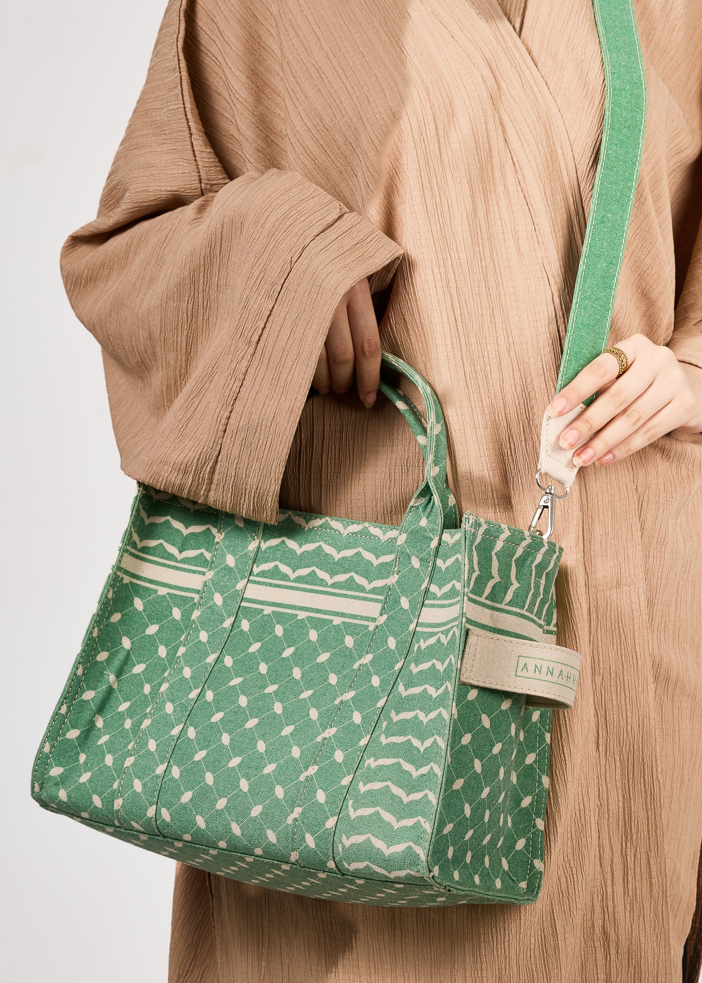 Emerald Green Keffiyeh Pattern Medium Tote worn on the shoulder