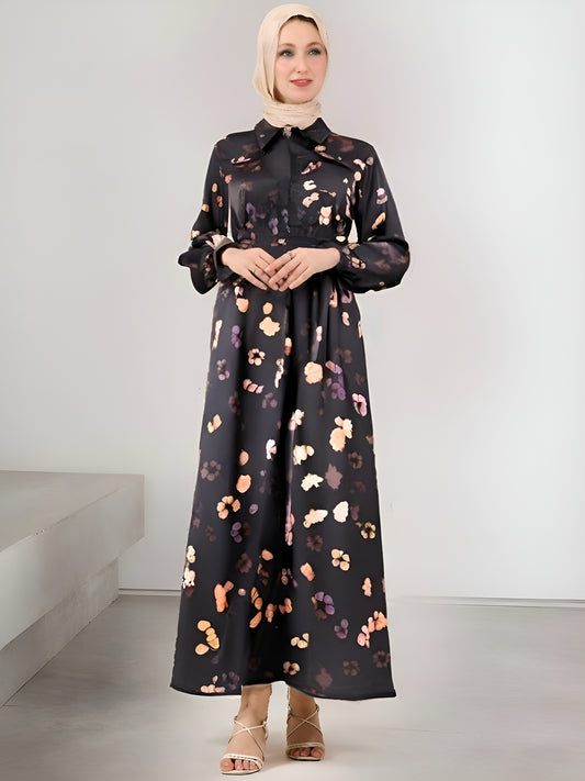 Front view of Emina floral modesty dress in durable crepe.
